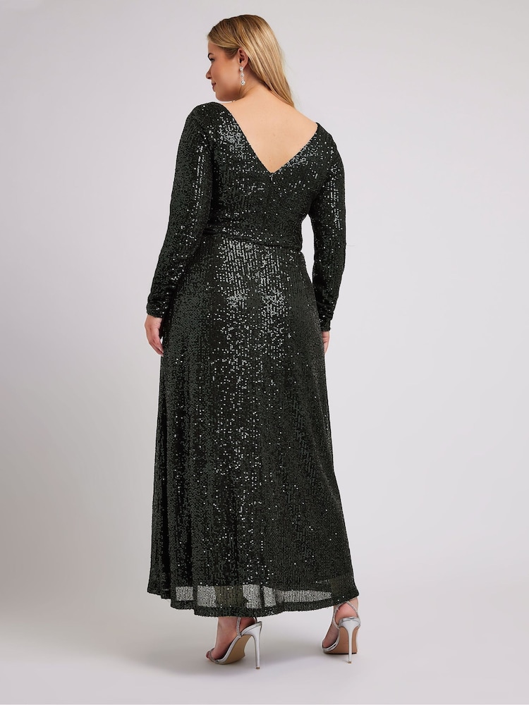 Зеленый - Yours Curve London Sequin V-Neck Long Sleeve Maxi Dress - Image 2 of 5