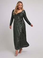 Зеленый - Yours Curve London Sequin V-Neck Long Sleeve Maxi Dress - Image 3 of 5