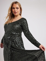 Зеленый - Yours Curve London Sequin V-Neck Long Sleeve Maxi Dress - Image 4 of 5