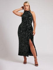Yours Curve Black London Sequin Velvet Choker Dress - Image 1 of 5