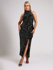Yours Curve Black London Sequin Velvet Choker Dress - Image 2 of 5