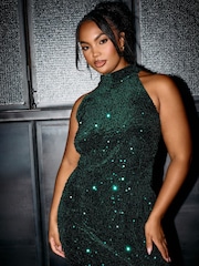 Yours Curve Green London Sequin Velvet Choker Dress - Image 1 of 6