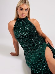 Yours Curve Green London Sequin Velvet Choker Dress - Image 3 of 6