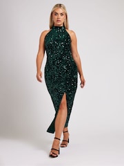 Yours Curve Green London Sequin Velvet Choker Dress - Image 4 of 6