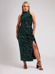 Yours Curve Green London Sequin Velvet Choker Dress - Image 5 of 6