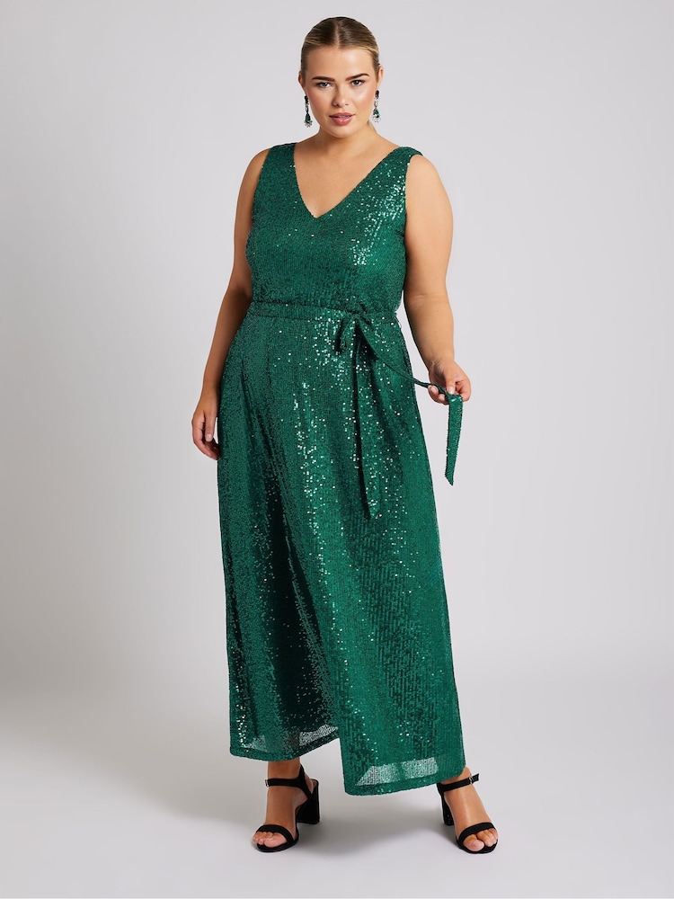 Yours Curve Green London Sequin V-Neck Maxi Dress - Image 1 of 5