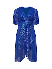 Yours Curve Blue London Sequin Wrap Tulip Dress - Image 2 of 2