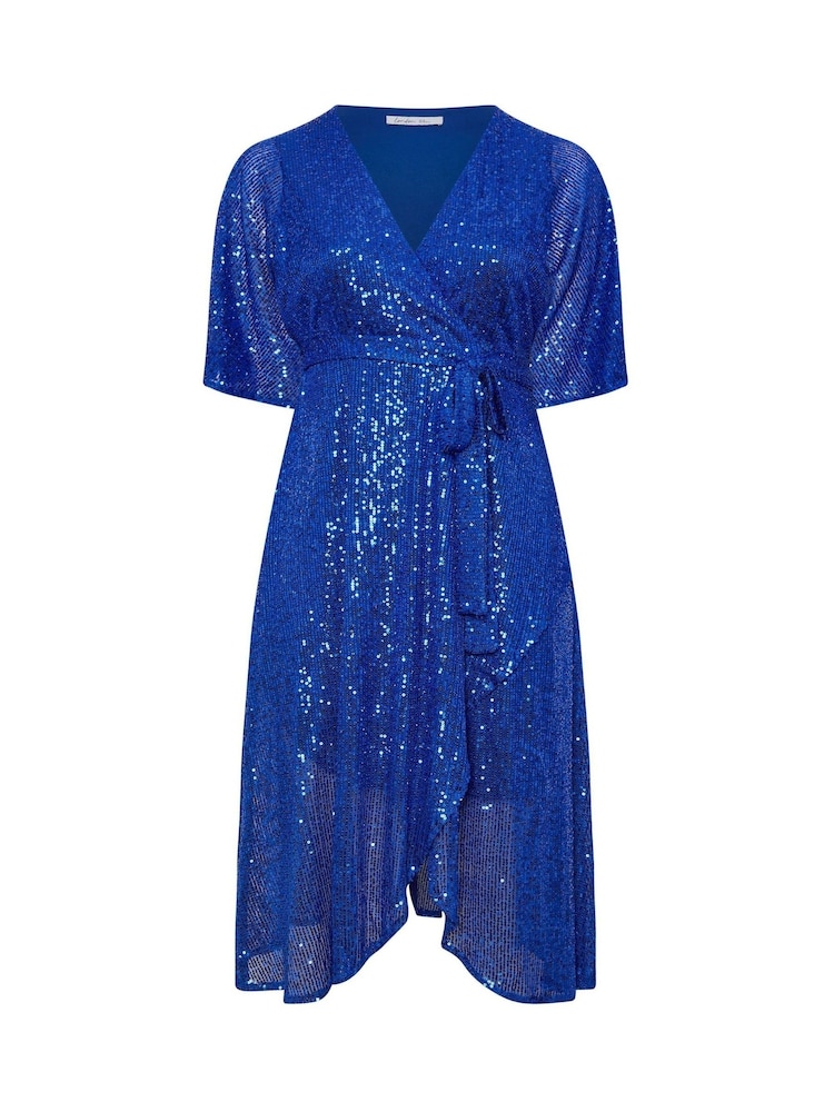 Yours Curve Blue London Sequin Wrap Tulip Dress - Image 2 of 2