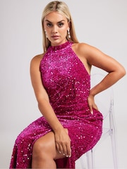 Yours Curve Pink London Sequin Velvet Choker Dress - Image 2 of 6