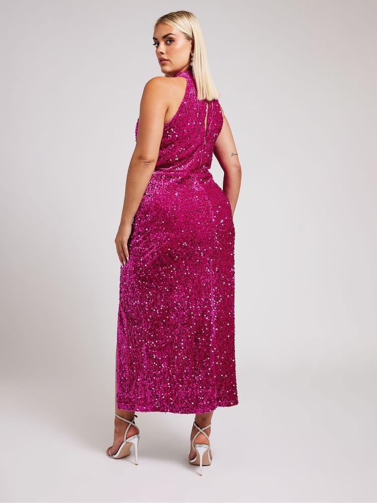 Yours Curve Pink London Sequin Velvet Choker Dress - Image 4 of 6