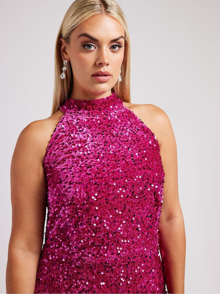 Yours Curve Pink London Sequin Velvet Choker Dress - Image 5 of 6