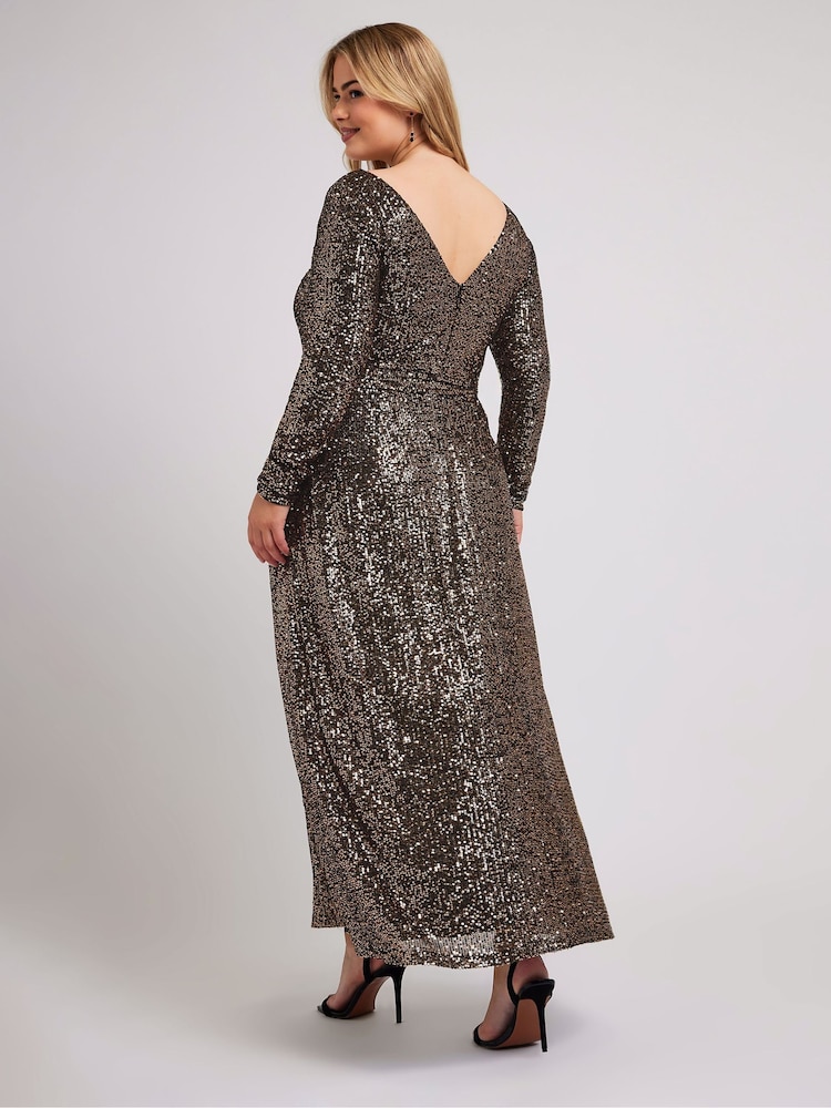 Золотой - Yours Curve London Sequin V-Neck Long Sleeve Maxi Dress - Image 2 of 5