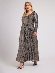Золотой - Yours Curve London Sequin V-Neck Long Sleeve Maxi Dress - Image 3 of 5