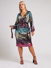 Yours Curve Blue/Pink/Gold London Sequin Ombre Wrap Dress - Image 1 of 5