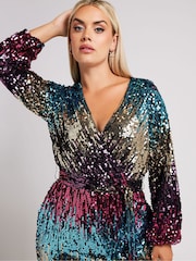 Yours Curve Blue/Pink/Gold London Sequin Ombre Wrap Dress - Image 4 of 5