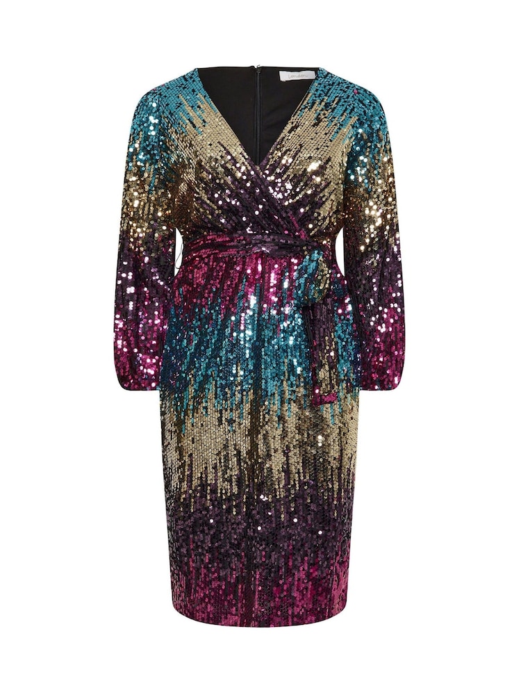 Yours Curve Blue/Pink/Gold London Sequin Ombre Wrap Dress - Image 5 of 5