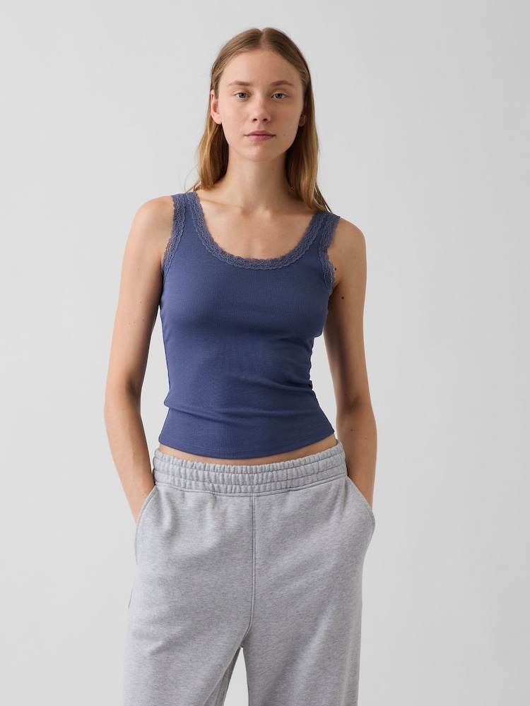 Gap Blue Mini Rib Lace-Trim Pyjamas Vest - Image 1 of 4 Gap Blue Mini Rib Lace-Trim Pyjamas Vest - Image 1 of 4