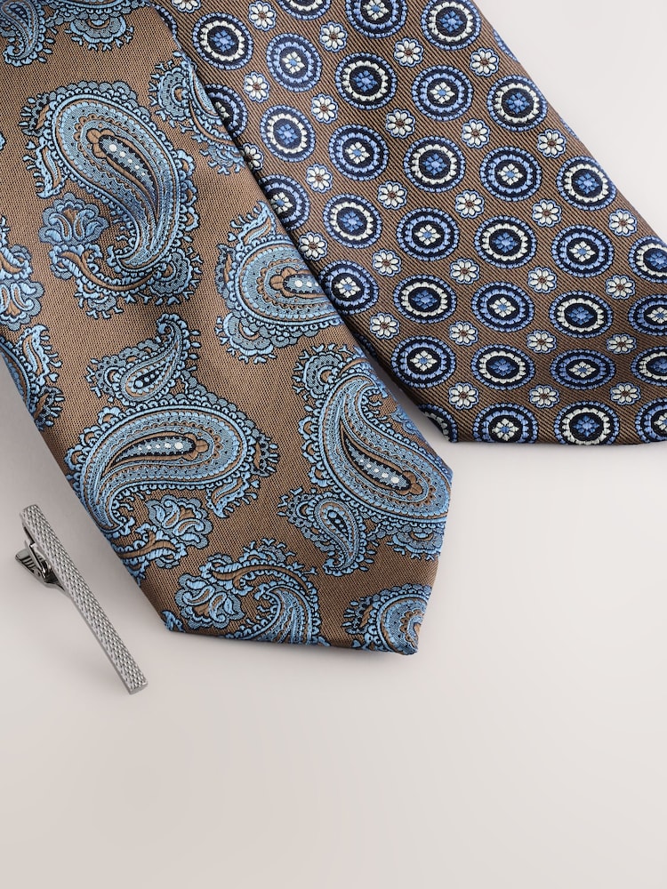 Brown/Navy Design Ties And Clips 2 Pack - Image 2 of 3