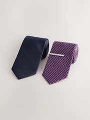 Navy/Red Textured Ties And Tie Clips 2 Pack - Image 1 of 3