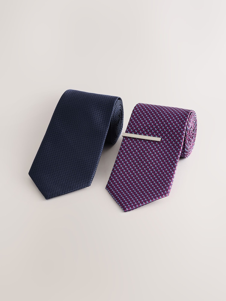 Navy/Red Textured Ties And Tie Clips 2 Pack - Image 1 of 3