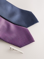 Navy/Red Textured Ties And Tie Clips 2 Pack - Image 2 of 3