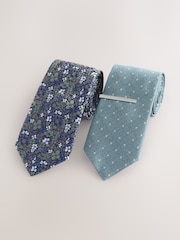 Blue Floral/Polka Dot Design Design Ties And Tie Clips 2 Pack - Image 1 of 1