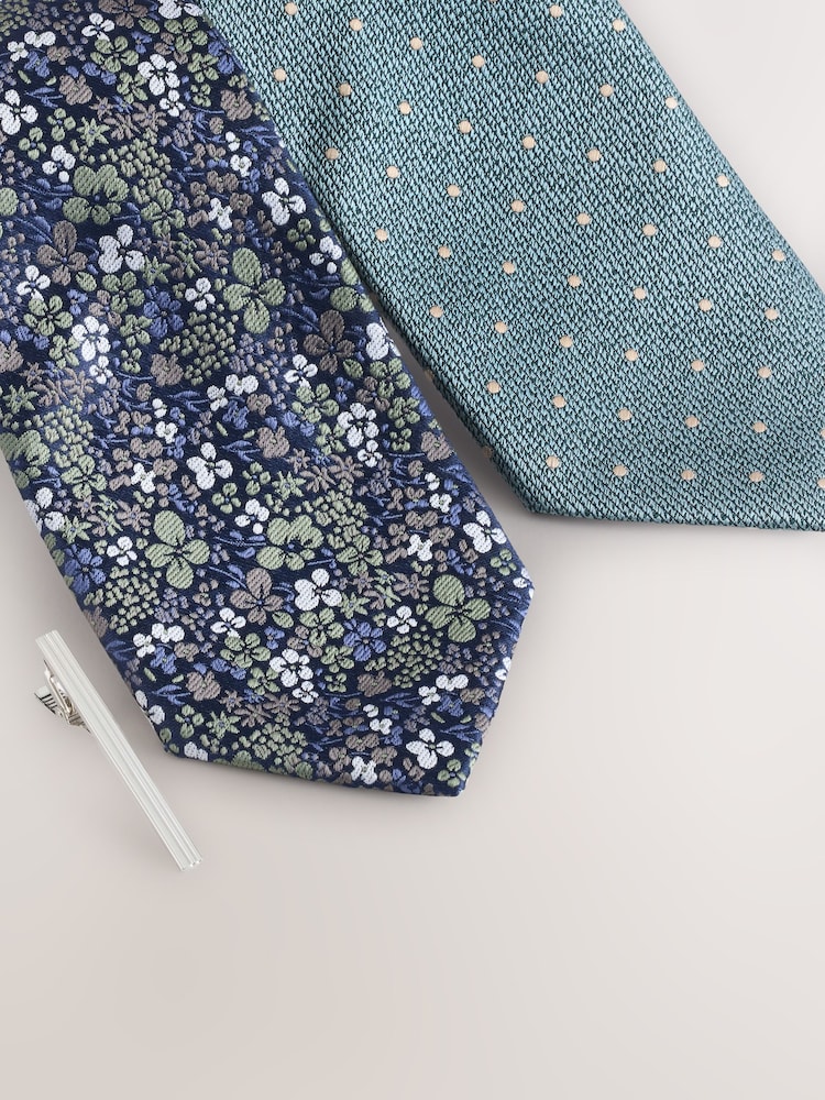 Blue Floral/Polka Dot Design Design Ties And Tie Clips 2 Pack - Image 3 of 3