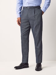 Blue Regular Fit Smart Wool Blend Trousers With Linen and Functional Side Adjusters - Image 1 of 12