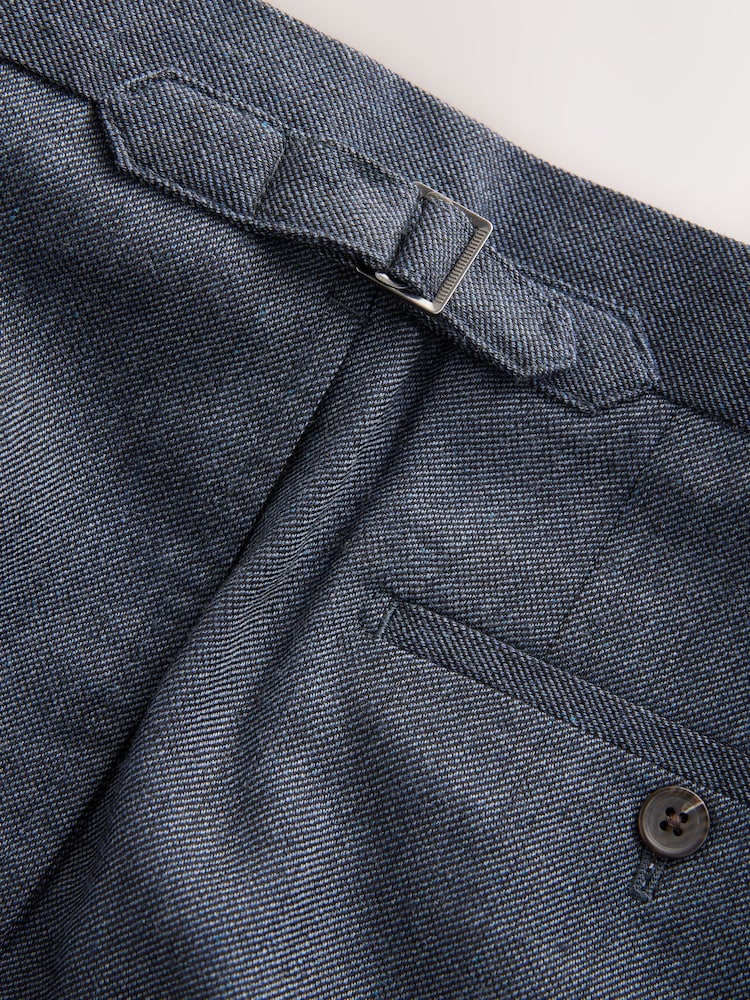 Blue Regular Fit Smart Wool Blend Trousers With Linen and Functional Side Adjusters - Image 11 of 12