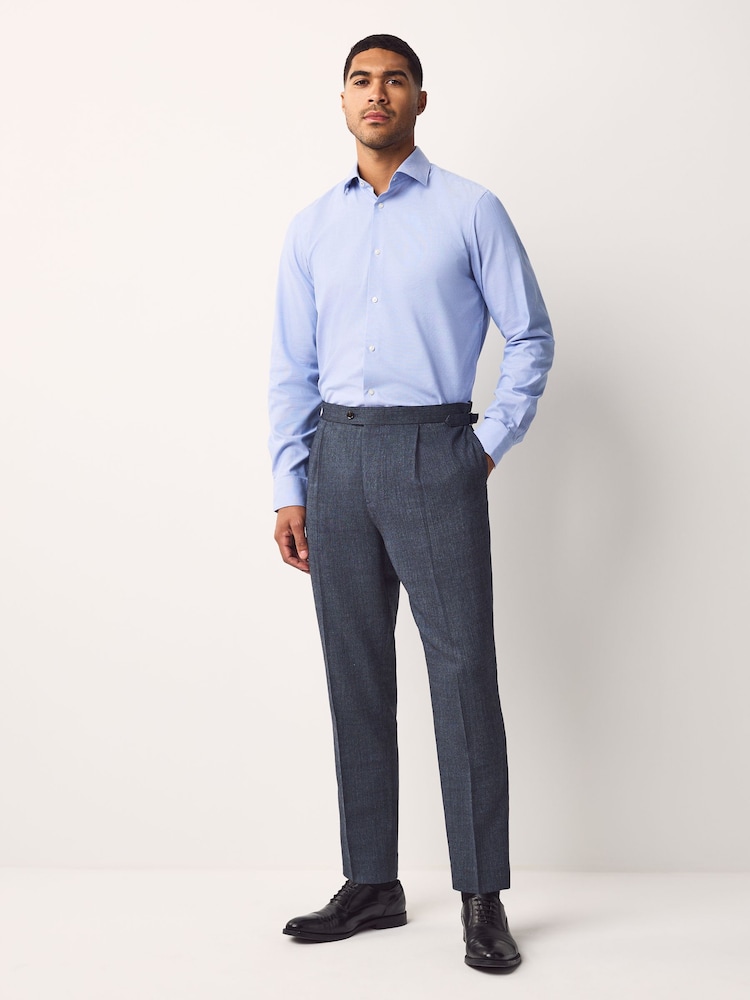 Blue Regular Fit Smart Wool Blend Trousers With Linen and Functional Side Adjusters - Image 2 of 12
