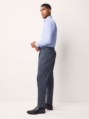 Blue Regular Fit Smart Wool Blend Trousers With Linen and Functional Side Adjusters - Image 3 of 12