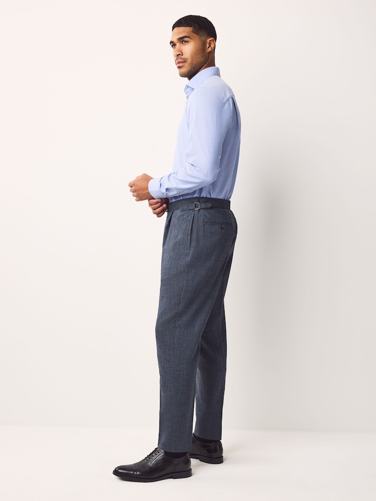 Blue Regular Fit Smart Wool Blend Trousers With Linen and Functional Side Adjusters - Image 3 of 12