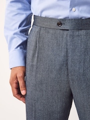 Blue Regular Fit Smart Wool Blend Trousers With Linen and Functional Side Adjusters - Image 5 of 12