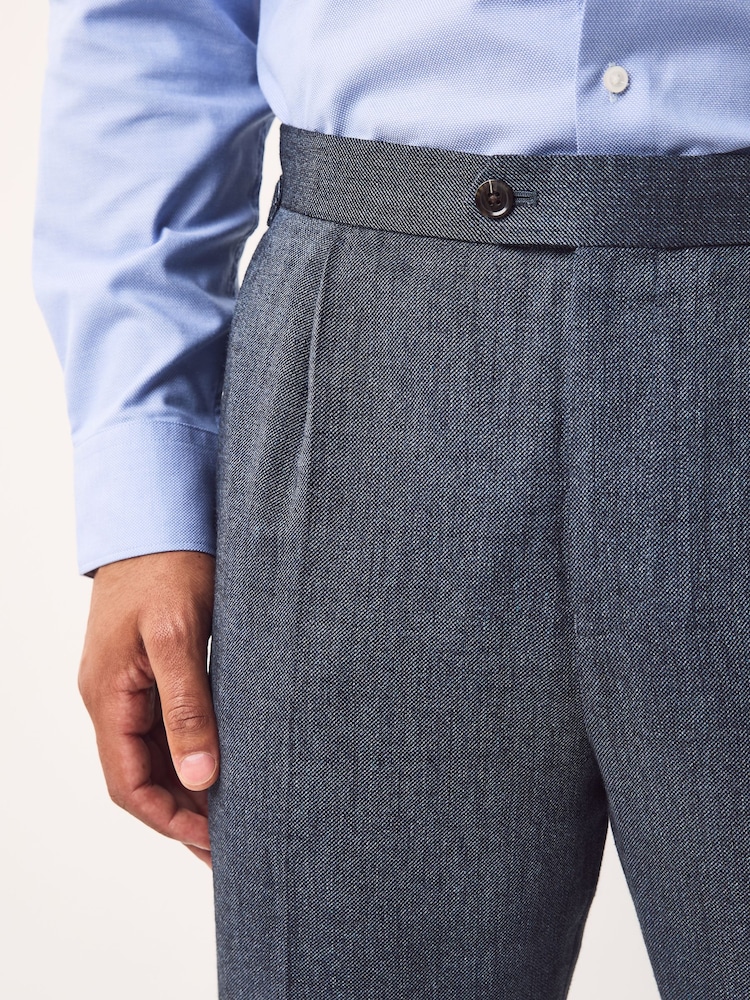 Blue Regular Fit Smart Wool Blend Trousers With Linen and Functional Side Adjusters - Image 5 of 12