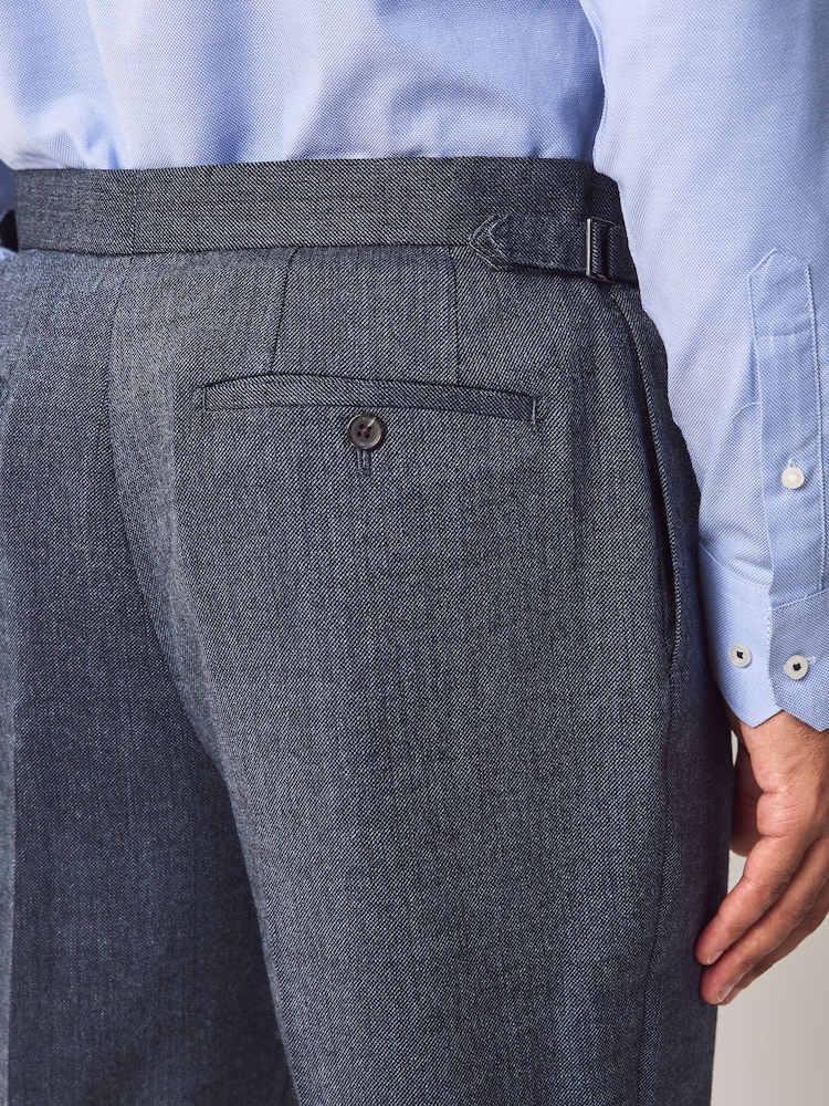 Blue Regular Fit Smart Wool Blend Trousers With Linen and Functional Side Adjusters - Image 6 of 12