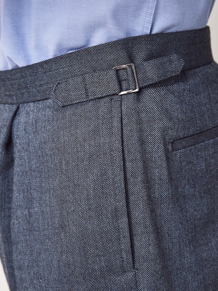 Blue Regular Fit Smart Wool Blend Trousers With Linen and Functional Side Adjusters - Image 7 of 12