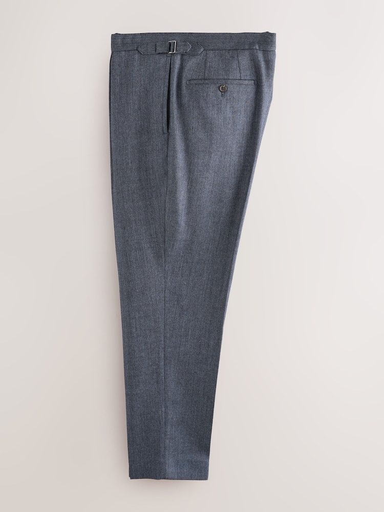 Blue Regular Fit Smart Wool Blend Trousers With Linen and Functional Side Adjusters - Image 9 of 12