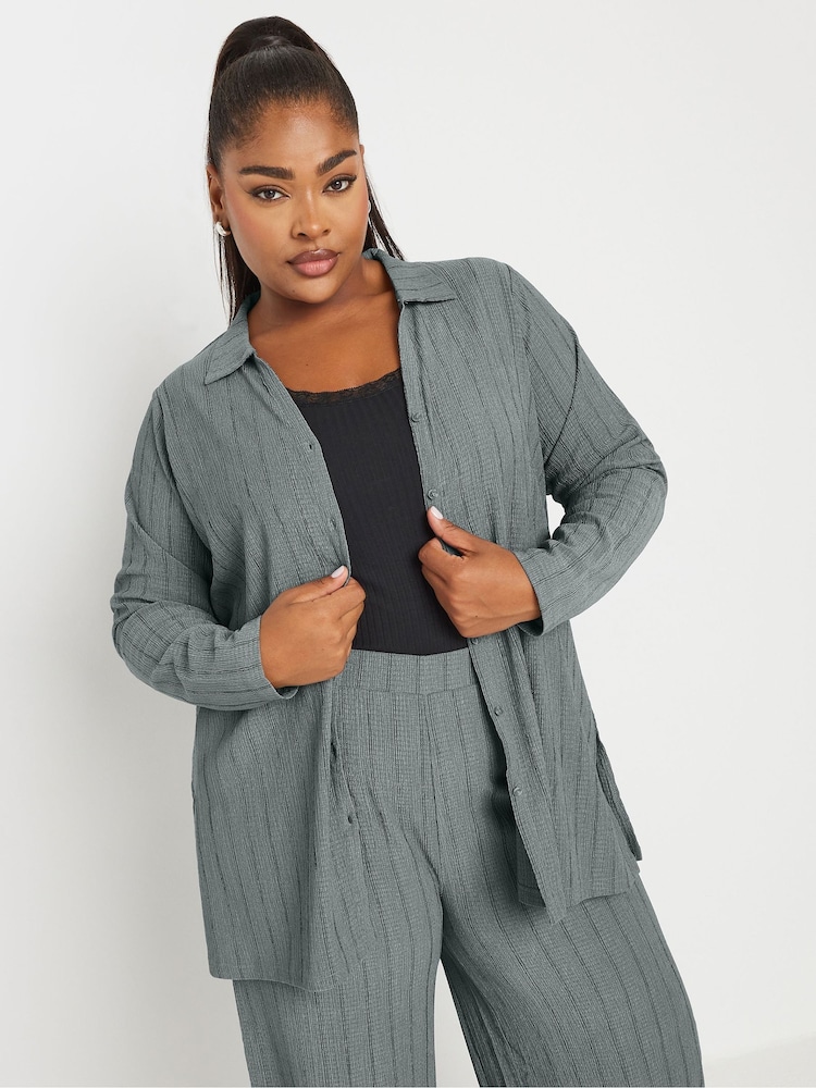 Yours Curve Grey Pinstripe Textured Shirt - Image 4 of 4