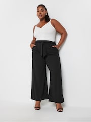 Yours Curve Black Textured Tie Waist Wide Leg Trousers - Image 2 of 4