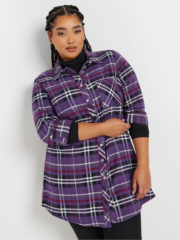 Yours Curve Purple Boyfriend 100% Cotton Brushed Check Shirt - Image 1 of 5