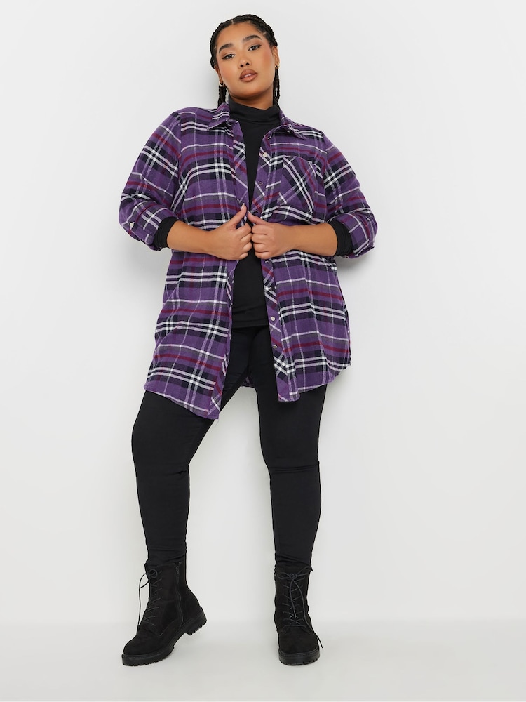 Yours Curve Purple Boyfriend 100% Cotton Brushed Check Shirt - Image 2 of 5