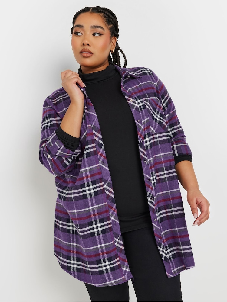 Yours Curve Purple Boyfriend 100% Cotton Brushed Check Shirt - Image 4 of 5