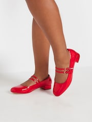 Yours Curve Red Extra Wide Fit Extra-Wide Mary Jane Fit Low Block Patent Shoes - Image 1 of 5
