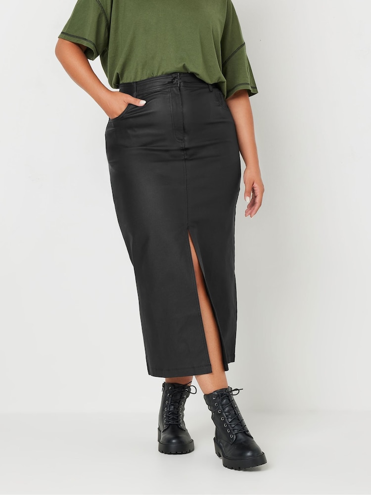 Yours Curve Black Coated Midaxi Skirt With Front Slit - Image 1 of 5