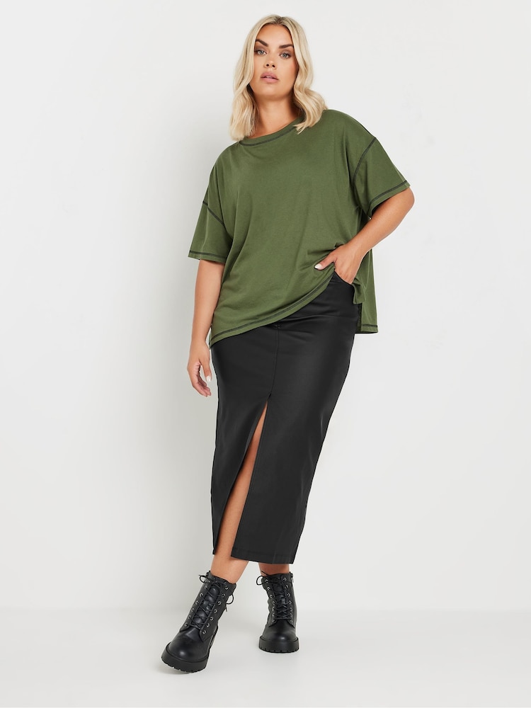 Yours Curve Black Coated Midaxi Skirt With Front Slit - Image 2 of 5