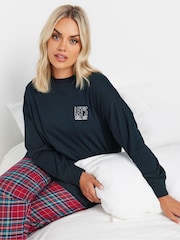 Yours Curve Blue Longsleeve Embroidered Pyjamas Top - Image 1 of 4
