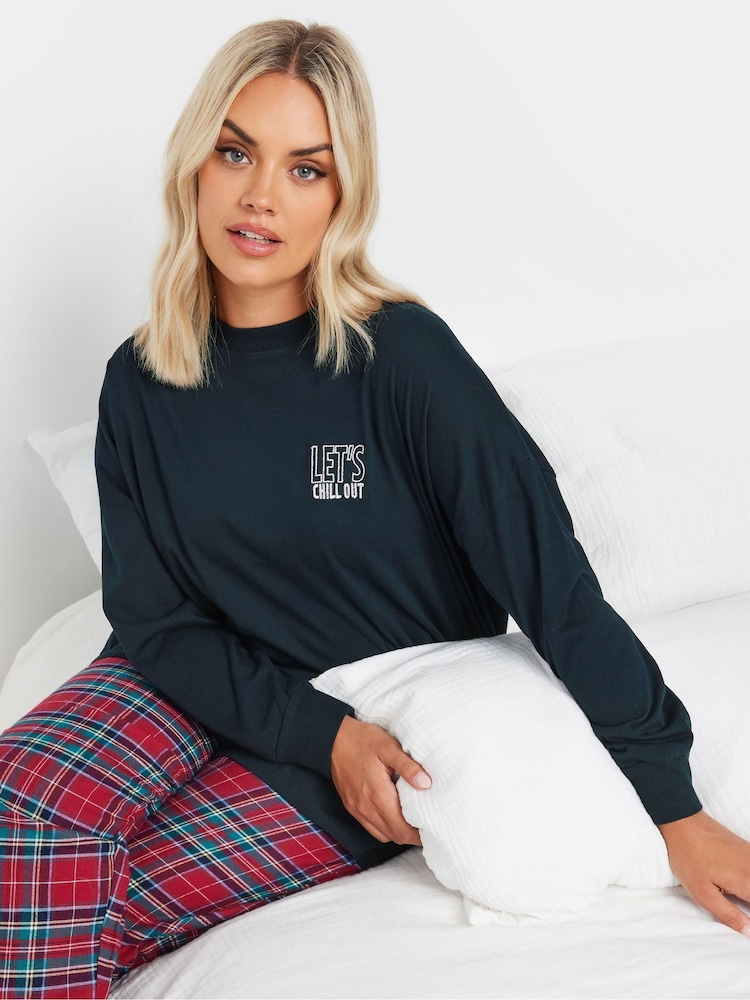 Yours Curve Blue Longsleeve Embroidered Pyjamas Top - Image 1 of 4