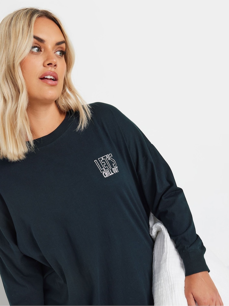 Yours Curve Blue Longsleeve Embroidered Pyjamas Top - Image 3 of 4