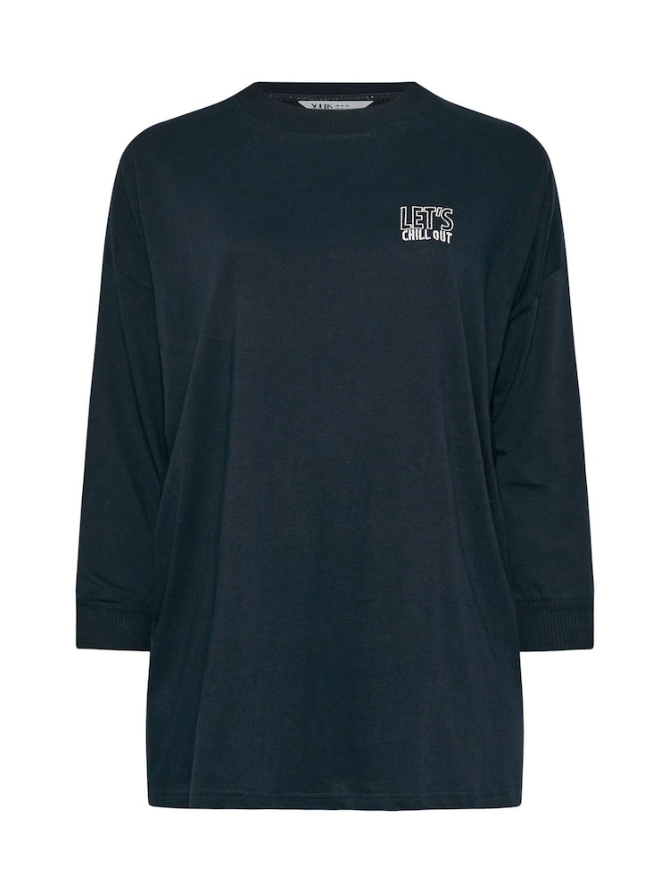 Yours Curve Blue Longsleeve Embroidered Pyjamas Top - Image 4 of 4