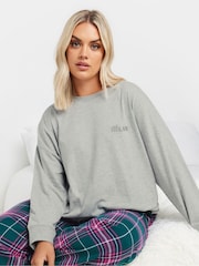Yours Curve Grey Longsleeve Embroidered Pyjamas Top - Image 1 of 5
